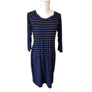 Motherhood Maternity Black & Blue Striped 3/4 Sleeve Dress W/Tie Waist